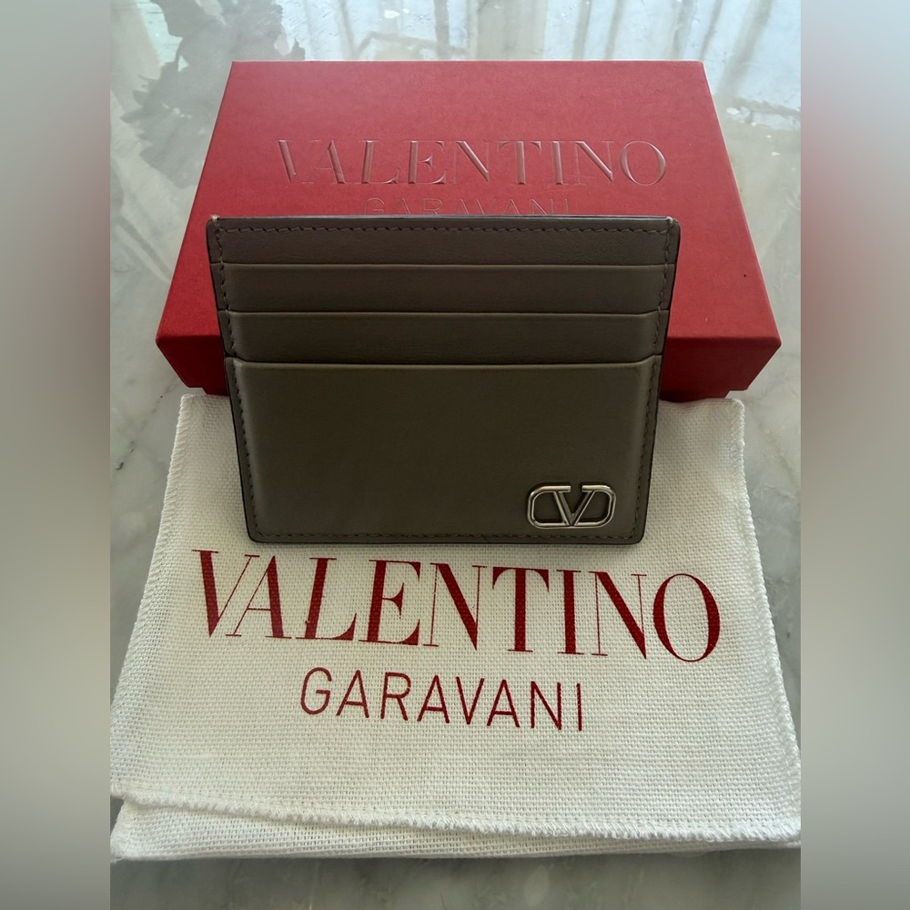 Valentino Garavani Taupe Leather Card Holder with Silver CV Emblem